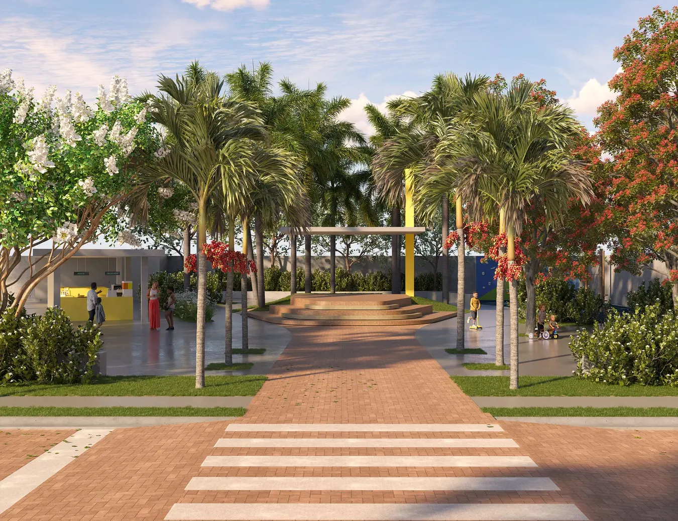 Praça Boneville com palmeiras e espaço de convivência
