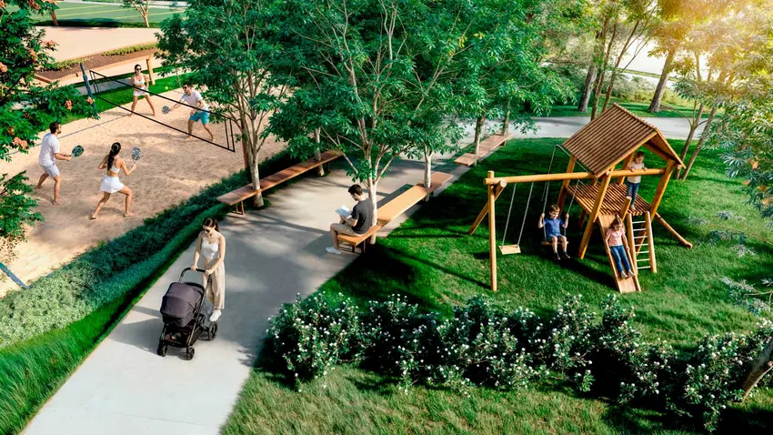 Praça com playground e áreas verdes do Boneville
